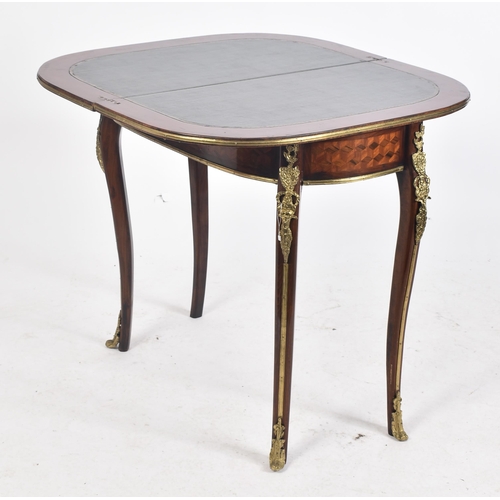 251 - A 20th century French parquetry inlaid fold-over card / games table. The D-shape table top enclosing... 