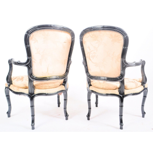 262 - A pair of Aesthetic Movement 19th century ebonised wood Fauteuil Salon armchairs. Each chair having ... 