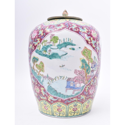 286 - A large 19th century Chinese Oriental famille jaune ceramic lidded urn vase. The vase having a short... 