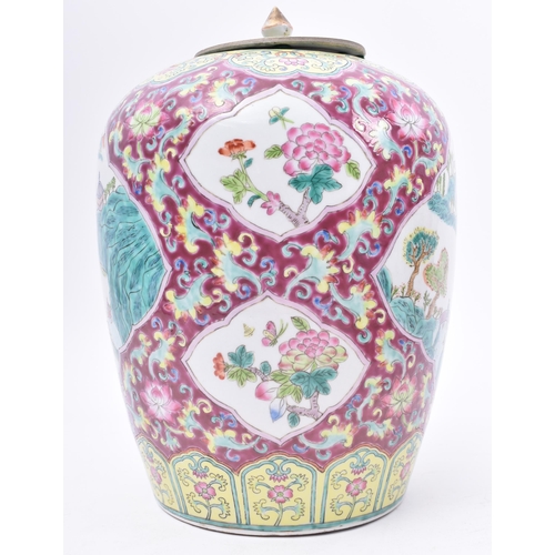 286 - A large 19th century Chinese Oriental famille jaune ceramic lidded urn vase. The vase having a short... 