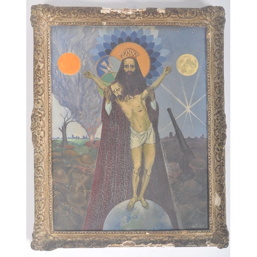 305 - H. Cowdell - A surrealist Second World War era oil painting depicting Jesus held up by God as though... 