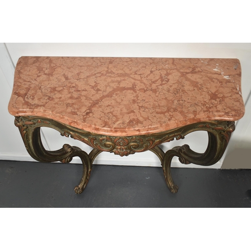 353 - A 20th century French Rococo revival marble topped console table. The table having petal pink marble... 