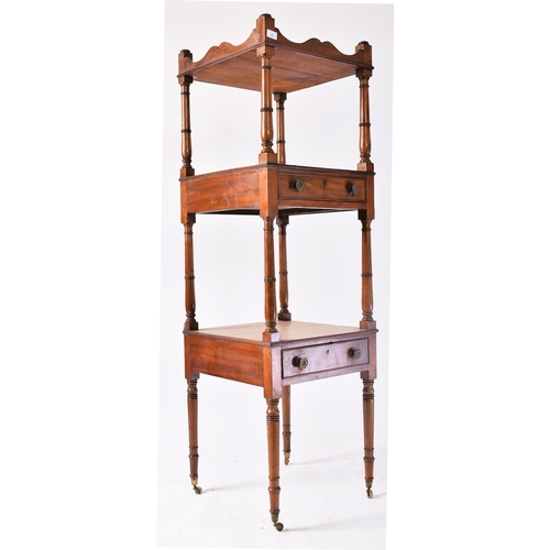 363 - A George III late 18th century mahogany three tier whatnot etagere. The whatnot having carved short ... 