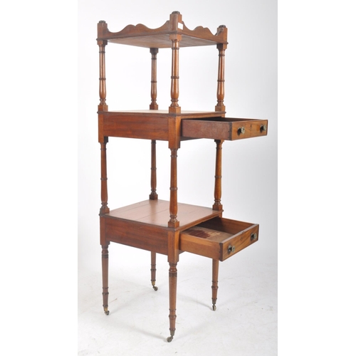 363 - A George III late 18th century mahogany three tier whatnot etagere. The whatnot having carved short ... 