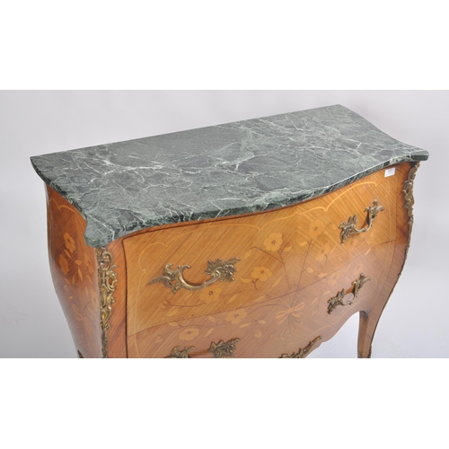 371 - A French king-wood & gilt ormolu bombe marble top marquetry inlay chest of drawers / commode / dress... 