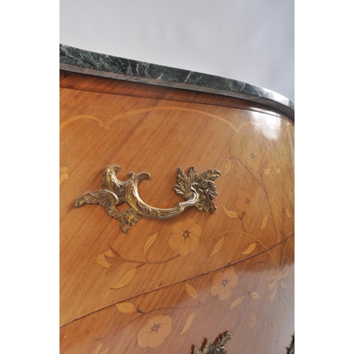 371 - A French king-wood & gilt ormolu bombe marble top marquetry inlay chest of drawers / commode / dress... 