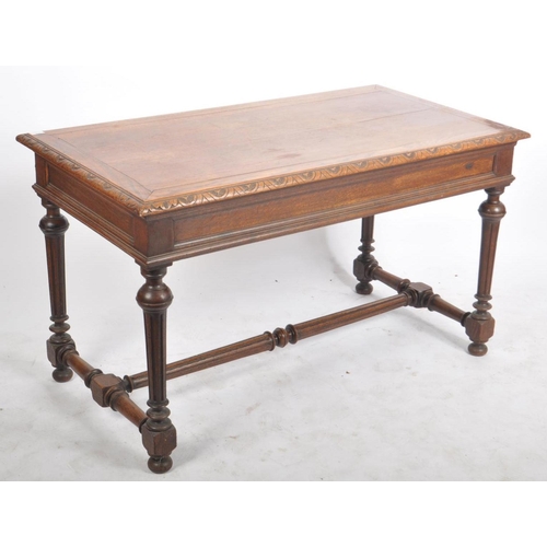 378 - A Victorian 19th century carved oak large writing table desk. The writing table having carved chamfe... 