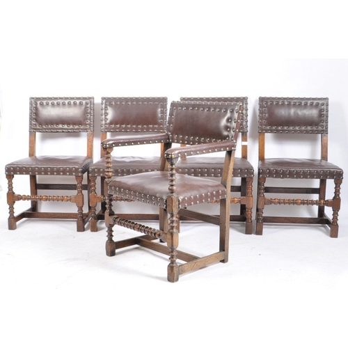 402 - A set of ten Cromwellian style studded leather & oak dining chairs. Circa 1920s, each chair having s... 