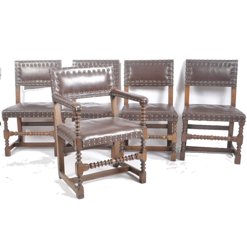 402 - A set of ten Cromwellian style studded leather & oak dining chairs. Circa 1920s, each chair having s... 