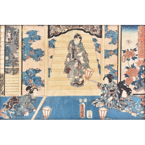 413 - A 19th century Japanese Oriental coloured woodblock print on paper depicting ladies playing games. I... 