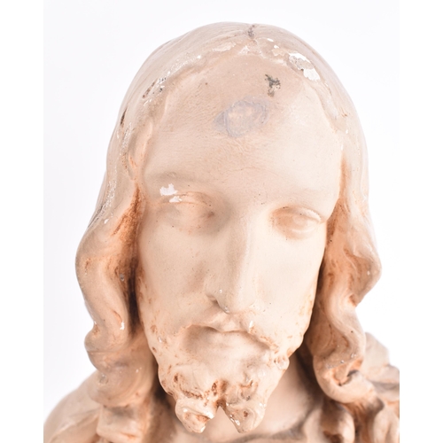 415 - An early 20th century Continental French hand cast plaster / gesso bust sculpture of Jesus Burning H... 