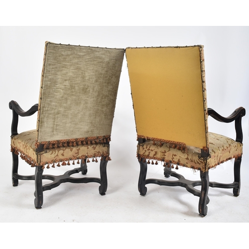 419 - A pair of 19th century French Louis XIV oak framed tapestry upholstered fireside high back armchairs... 