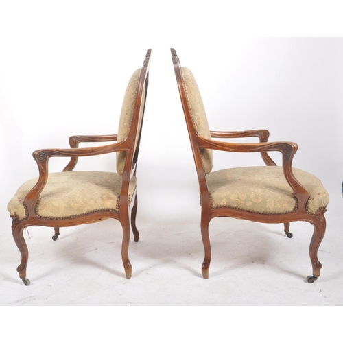 436 - A pair of Napoleon III 19th century French Continental oak framed upholstered hall armchairs / chair... 