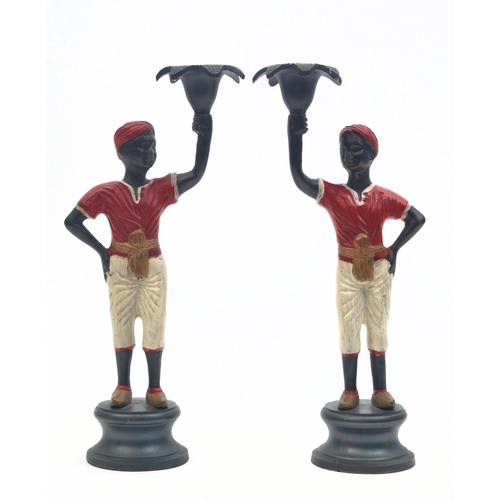 44 - A pair of Victorian 19th century continental cold painted Blackamoor bronze candlesticks. Socle plin... 