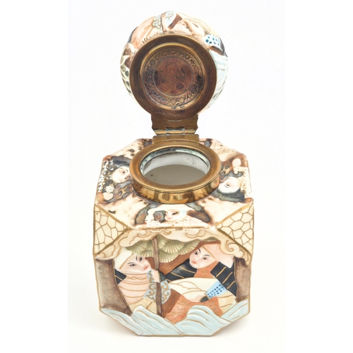 455 - A 19th century Japanese Oriental porcelain cuboid figurative lidded inkwell. The inkwell having a bu... 