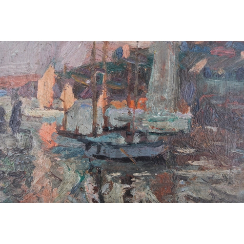 50 - John Anthony Park (1880-1962) - Evening - An oil on board painting of a Cornish coastal harbour scen... 