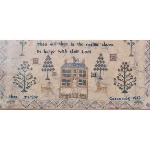 631 - A Victorian mid 19th century 1858 needlework religious themed sampler. The sampler reciting a youthf... 