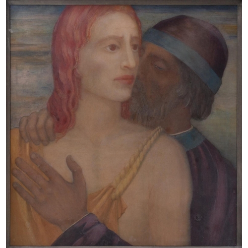 642 - An early 20th century coloured pencil and watercolour painting entitled The Kissing Judas by H. Stri... 