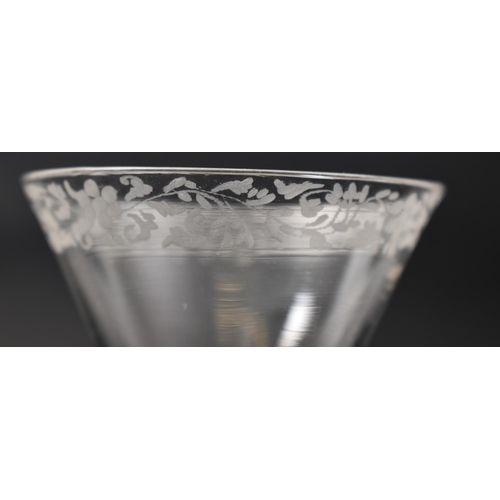 652 - A George II 18th century 1760 crystal hand engraved balusteroid gin / cordial glass. Floral hand etc... 