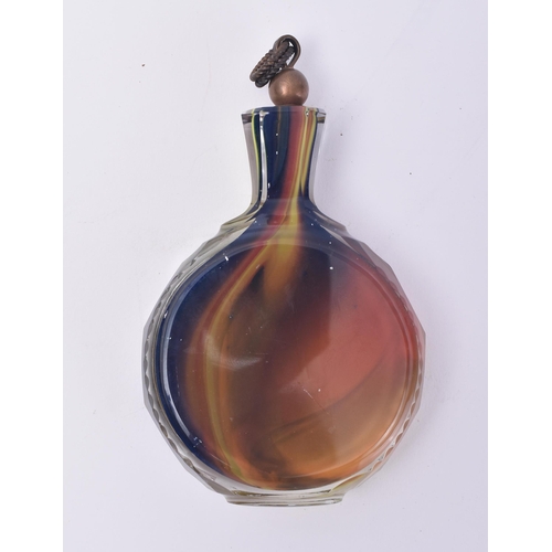 659 - A 20th century multicoloured cased glass flask / bottle. Small pair of picks to the copper cover wit... 