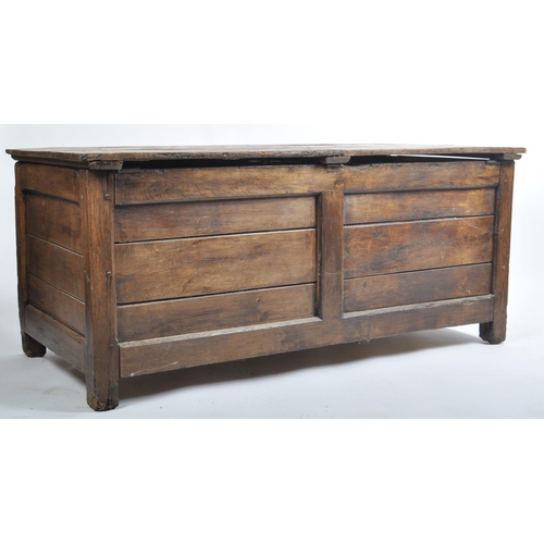 660 - A 19th century large French country elm - oak wood coffer blanket box chest. The chest being of plan... 