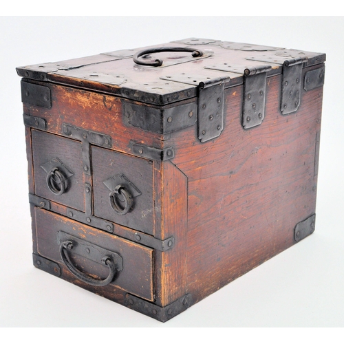 96 - A 19th century Japanese Oriental Keyaki wood & iron mounted zeni-bank / money box. The chest having ... 