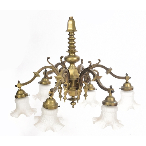 98 - An early 20th century circa 1900 Continental believed Dutch brass six-arm ceiling chandelier. The ch... 