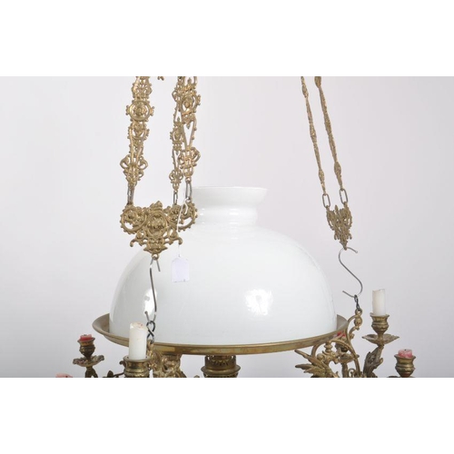 328 - A large late 19th century Art Nouveau French brass hanging chandelier / candelabra having a series o... 