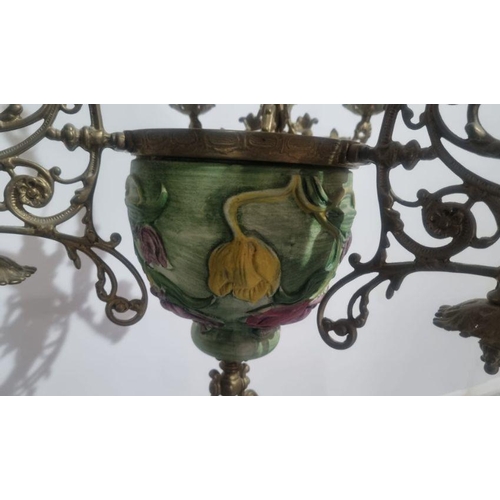 328 - A large late 19th century Art Nouveau French brass hanging chandelier / candelabra having a series o... 