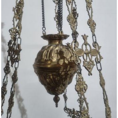 328 - A large late 19th century Art Nouveau French brass hanging chandelier / candelabra having a series o... 