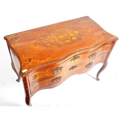 221 - An 18th century Dutch Marquetry inlaid serpentine fronted commode chest of drawers. Raised on cabrio... 