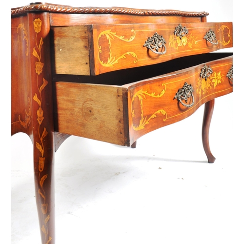 221 - An 18th century Dutch Marquetry inlaid serpentine fronted commode chest of drawers. Raised on cabrio... 