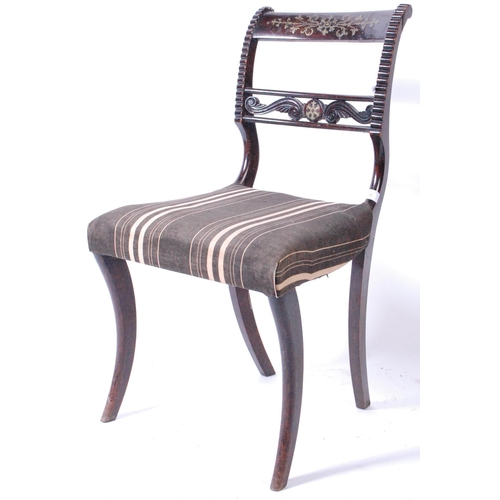 364 - A set of four 19th century Regency mahogany and brass inlaid bar back dining chairs. Raised on sabre... 