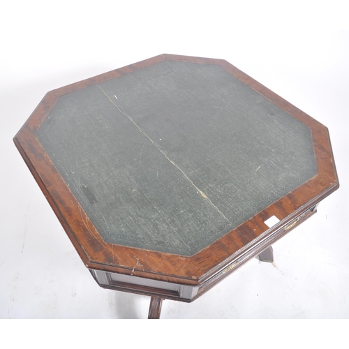 396 - A Victorian late 19th century circa 1880s flame mahogany rent octagonal table desk. The table having... 