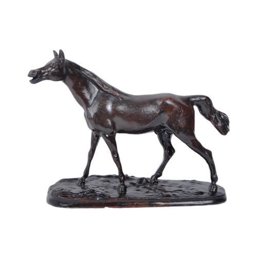 666 - A 20th century plaster study of a horse in motion. The horse painted with a bronze finish and mounte... 