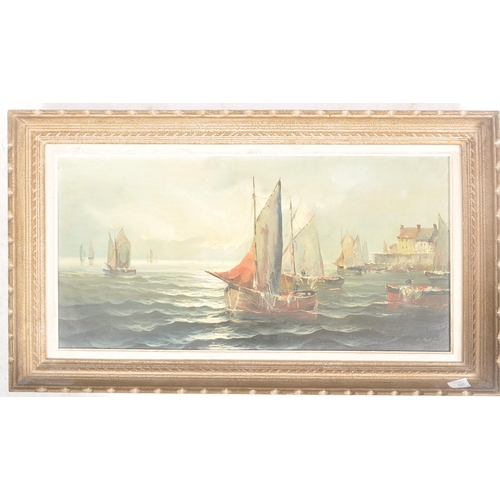 637 - An early - mid 20th century framed oil on canvas painting depicting fishing boats at sea. Harbour sc... 