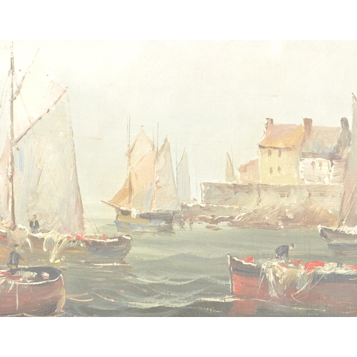 637 - An early - mid 20th century framed oil on canvas painting depicting fishing boats at sea. Harbour sc... 