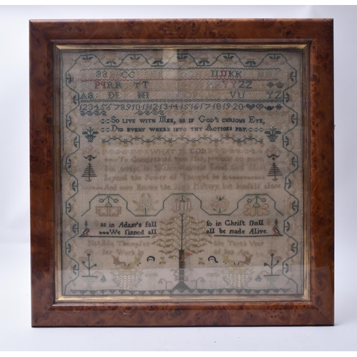 663 - A Victorian mid 19th century needlework Quaker School religious sampler. The sampler worked with col... 