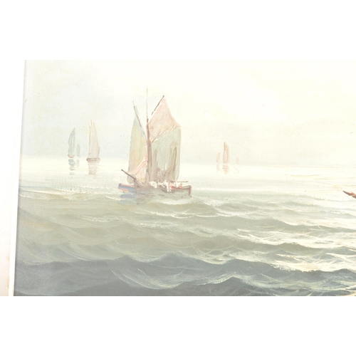 637 - An early - mid 20th century framed oil on canvas painting depicting fishing boats at sea. Harbour sc... 