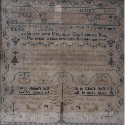 663 - A Victorian mid 19th century needlework Quaker School religious sampler. The sampler worked with col... 