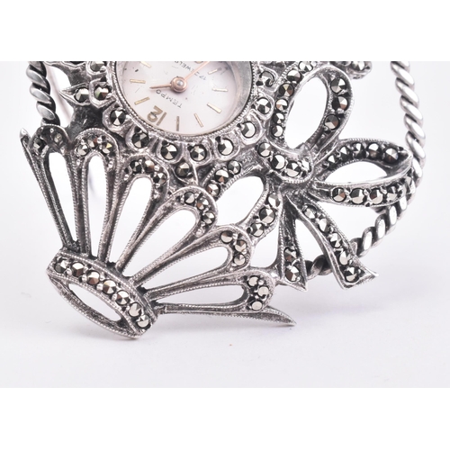 27 - A hallmarked silver and marcasite giardinetto brooch pin watch. The brooch in the form of a flower b... 