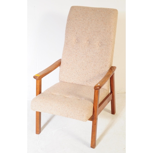554A - British Modern Design - A vintage 1960's mid 20th century teak wood chair. Having beige fabric cushi... 