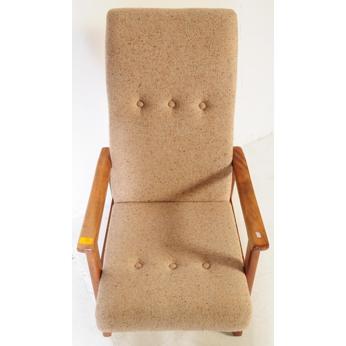 554A - British Modern Design - A vintage 1960's mid 20th century teak wood chair. Having beige fabric cushi... 