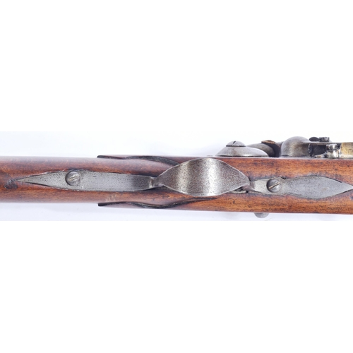 108 - A 19th century British made muzzle-loading long flintlock musket gun. The lock plate stamped 'HAW' a... 