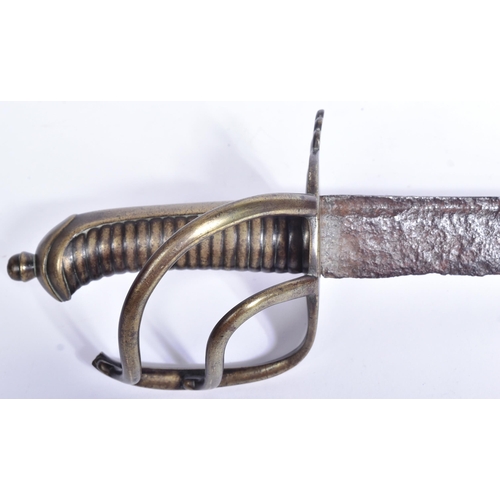 122 - A late 18th Century believed British Infantry Hanger Sword. Ribbed brass grip, half basket hilt and ... 