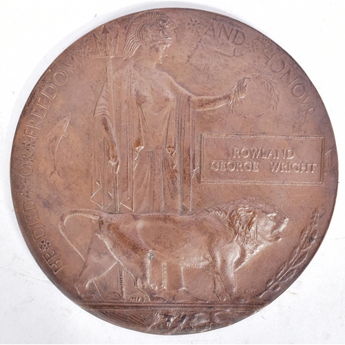 133 - A WWI First World War Death Plaque / Death Penny to one Rowland George Wright of the Scottish Border... 