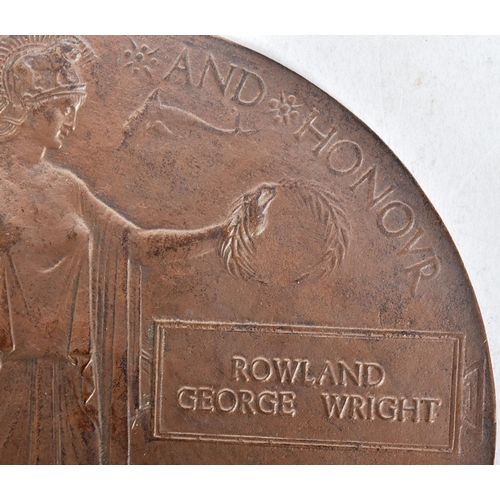 133 - A WWI First World War Death Plaque / Death Penny to one Rowland George Wright of the Scottish Border... 