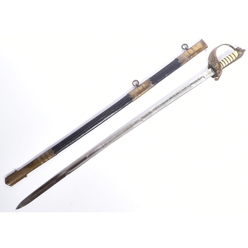 147 - A mid 20th Century 1827 pattern Royal Navy Officers sword. Brass Lions head pommel with mane, wire b... 