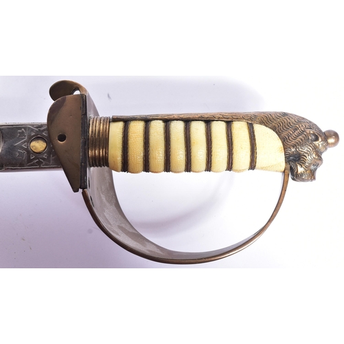 147 - A mid 20th Century 1827 pattern Royal Navy Officers sword. Brass Lions head pommel with mane, wire b... 