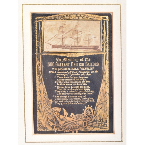 164 - HMS Captain - a framed and glazed memorial card to the crew of HMS 'Captain'. Black with gold letter... 